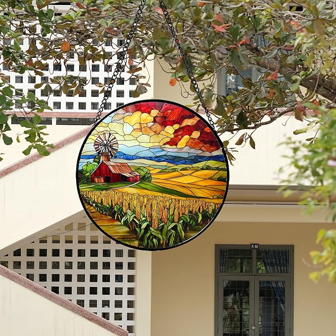 Stained Glass Window Hanging Autumn Farm Corn Harvest Landscape Large 11.8" - Suncatcher Garden Door Sun Catcher Home Decor Birthday Christmas for Woman Mom Friend Men Nana