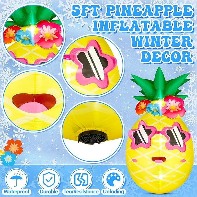 5FT Winter Inflatable Pineapple Winter Decor Blow up Pineapple Built in 4 LED Lights Outdoor Decorations Giant Inflatable for Birthday Pool Beach Yard Lawn Frozen Party Supplies