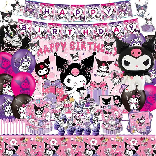 121Pieces Kuromi Birthday Party Decorations, Kids Cute Cartoon Party Supplies Include Happy Birthday Banner, Balloons, Tablecloth, Plates, Cupcake Toppers for Girls,Backdrop,