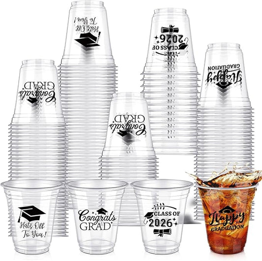 Eaasty 200 Pcs 12oz Graduation Cups 2026 Disposable Plastic Cups for Class of 2026 Graduation Party Congrats Grad Elegant Party Supplies Tableware Decorations (Clear)