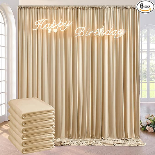 30ft x 8ft Wrinkle Free Beige Backdrop Curtains for Parties Weddings, 6 Panels 5×8ft Soft Silk Polyester Photo Backdrop Drapes for Birthday Baby Shower Baptism Photo Photography Background Cloth