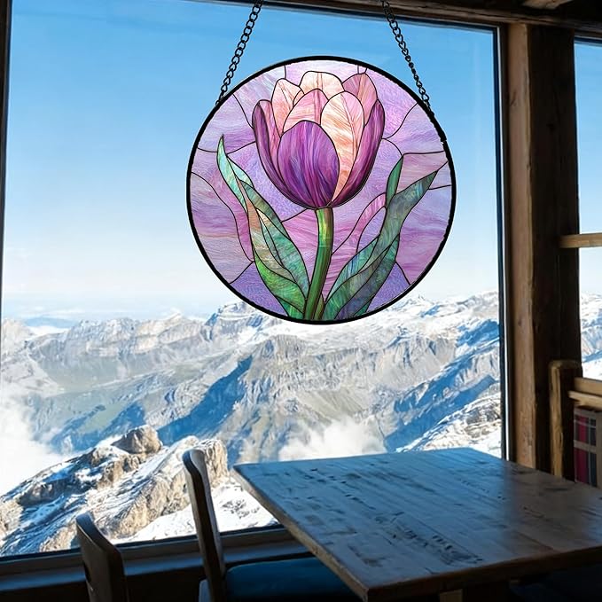 Stained Glass Window Hanging Purple Tulips Flower Large 15" - Suncatcher Door Garden Sun Catcher Home Decor Birthday Mother's Day for Mom Men Woman Parents Her Nana Friend