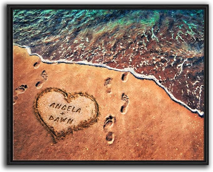 Personal-Prints TOES IN THE SAND | Personalized Romantic Canvas Art Gift with Your Names | Custom for Valentine’s Day or Wedding Anniversary (12"x16" Float Framed Canvas)
