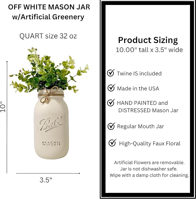 Centerpieces for Bridal Shower - Ivory Mason Jars Centerpieces for Tables, Set of 5-32 oz Hand-Painted Mason Jars for Wedding Centerpieces - Rustic Bridal Shower Centerpieces (5 Ivory w/Greenery)