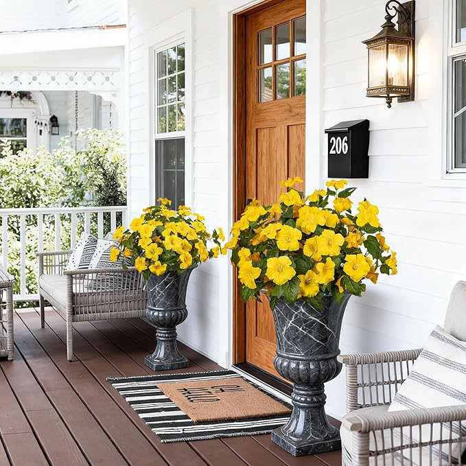 19 Inch Artificial Fake Flowers for Outdoor,4 Pcs Faux Silk Petunias Spring Flowers for Outside for Indoor Porch Planter Front Door Garden Patio Window Box Home Decor(Yellow)