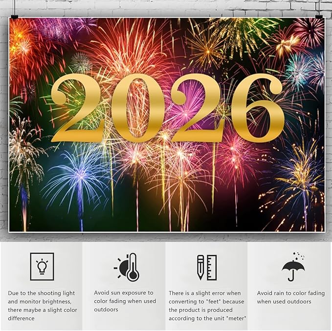 YongFoto 2026 Happy New Year Backdrop 10x6.5ft Glorious Night Sky Fireworks Photography Background Christmas Night Festival Carnival Family Party Banquet Decor Banner Photoshoot Wallpaper Photo Booth