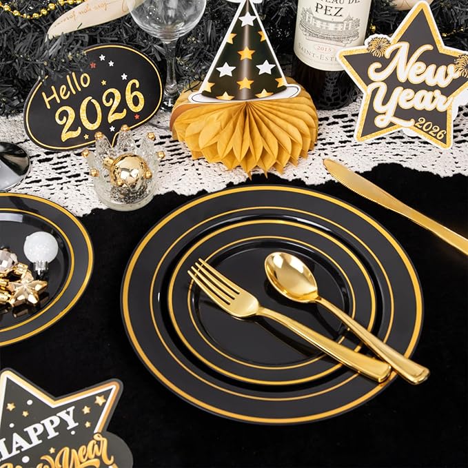 175PCS Black and Gold Plates - Black Disposable Plates for Party - 25Guests Disposable Dinnerware Set for New Year/Wedding