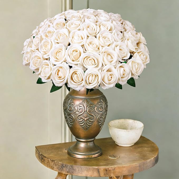 50 PCS Champagne Roses Artificial Flowers, Fake Roses with Stem Realistic Silk Rose for DIY Wedding Bouquets Table Centerpieces Arrangements Baby Shower Birthday Home Decor Valentines Day Gift for Her