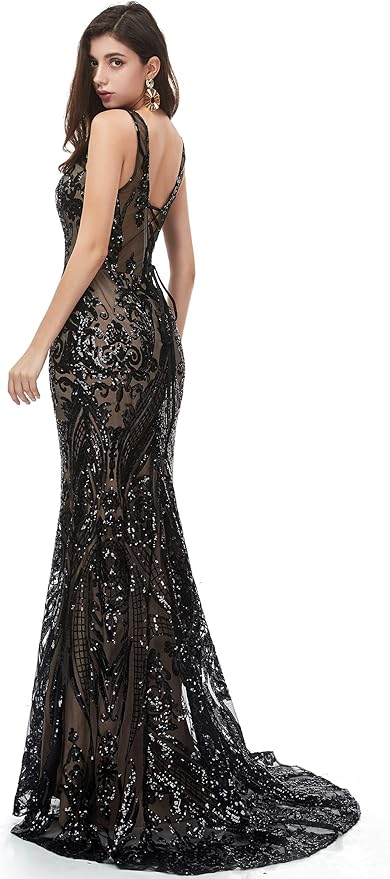 Women's Double V-Neck Sequins Lace-up Mermaid Evening Dress