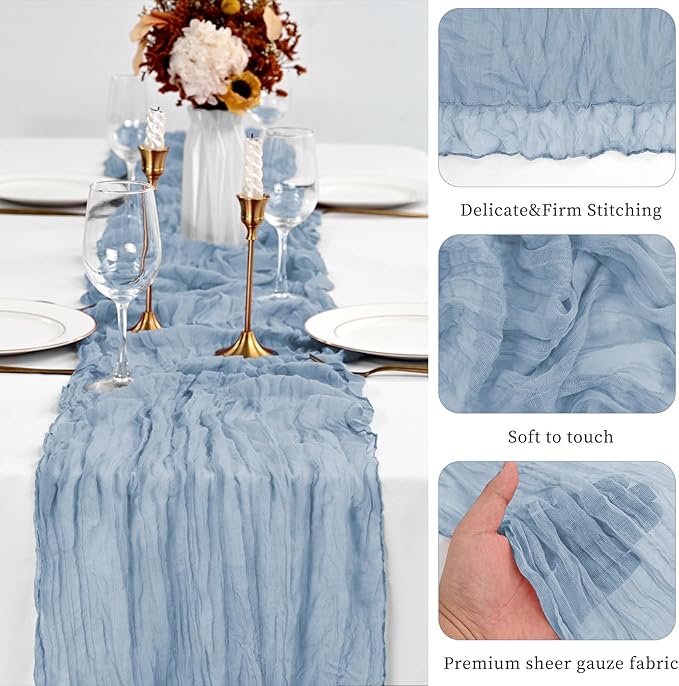 30 Pack Dusty Blue Table Runner 10Ft Cheesecloth Table Runner Boho Gauze Cheese Cloth Table Runners Romantic Long Sheer Fabric Table Runners for Wedding Party Bridal Shower