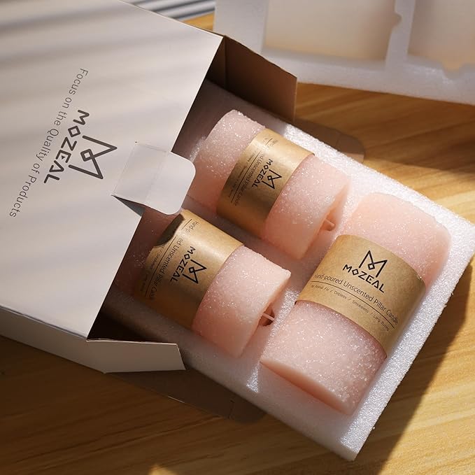 MOZEAL Hand-Poured Granular Texture Decorative Pearl Blush Pillar Candles Set of 3 (3"x4", 5", 6"),Approx 300 Hours Burn Time Dripless, Unscented, Smokeless, Spring Party Decor Candle Lover Gift