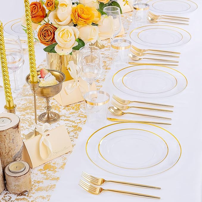 EI 180pcs Gold Plastic Plates,Clear Plates with Gold Trim,Plastic Plate for Party,Clear Dinnerware Set Silverware Cups for Baby Shower,Wedding,Spring Afternoon Tea