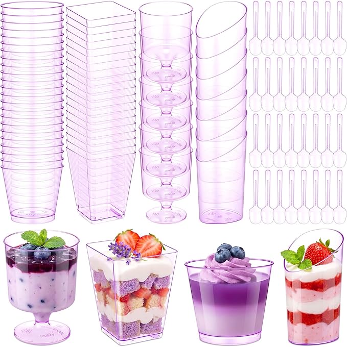 300 Pack Clear Purple Mini Dessert Cups with Spoons 5oz 3oz Plastic Square Slanted Parfait Appetizer Shooter Round Goblet for Dessert Table Birthday Party Ice Cream Pudding Mousse Yogurt