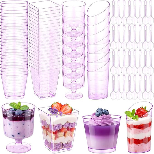 300 Pack Clear Purple Mini Dessert Cups with Spoons 5oz 3oz Plastic Square Slanted Parfait Appetizer Shooter Round Goblet for Dessert Table Birthday Party Ice Cream Pudding Mousse Yogurt