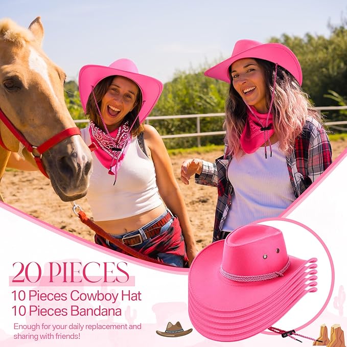 Coume 10 Set Cowboy Hat and Bandana for Women Men 10 Felt Cowgirl Cowboy Hat Bulk 10 Western Bandanas for Adult Costume Party