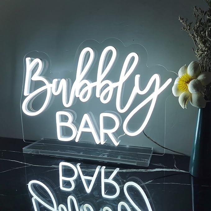 Bubbly Bar Neon Sign Tabletop, Handmade White Wedding LED Neon Light with Stand for Wedding Engagement Event Party Baby Bridal Shower Home Champagne Mimosa Bar Reception Table Sign - 15''
