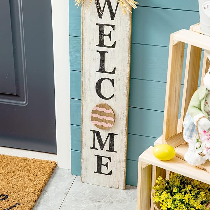 Glitzhome Wooden Easter Porch Décor Hanging Welcome Sign with Bunny Ears for Front Door or Indoor Home Decor,42"H