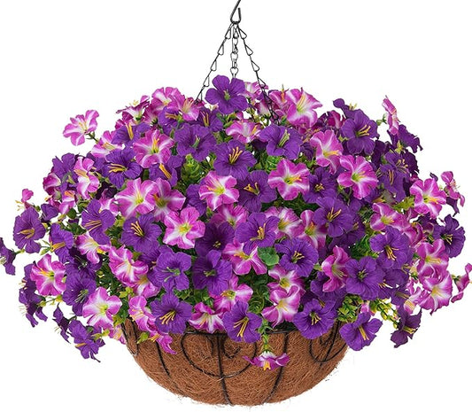 INSPRING Artificial Outdoor Flowers Hanging Baskets Faux Plants Spring Decoration, UV Resistant Fake Silk Morning Glory in Planter Look Real Petunias for Outside Patio Porch Balcony Garden Home, 2Mix