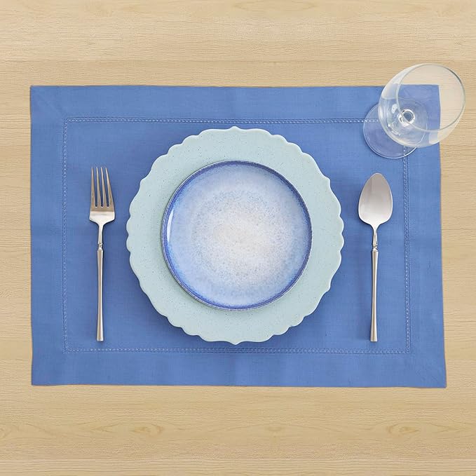 Solino Home Dusty Blue Placemats Set of 4 - Cotton Linen Hemstitch Placemats 14 x 19 Inch - Machine Washable Table Mats for Winter, Spring, Easter