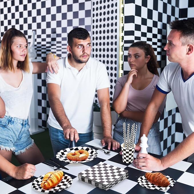 452 Pcs Checkered Flag Party Supplies for 50 Guests, Black and White Checkered Paper Plates Napkins Cups Tablecloth Cutlery Straws for Race Car Birthday Party Decorations