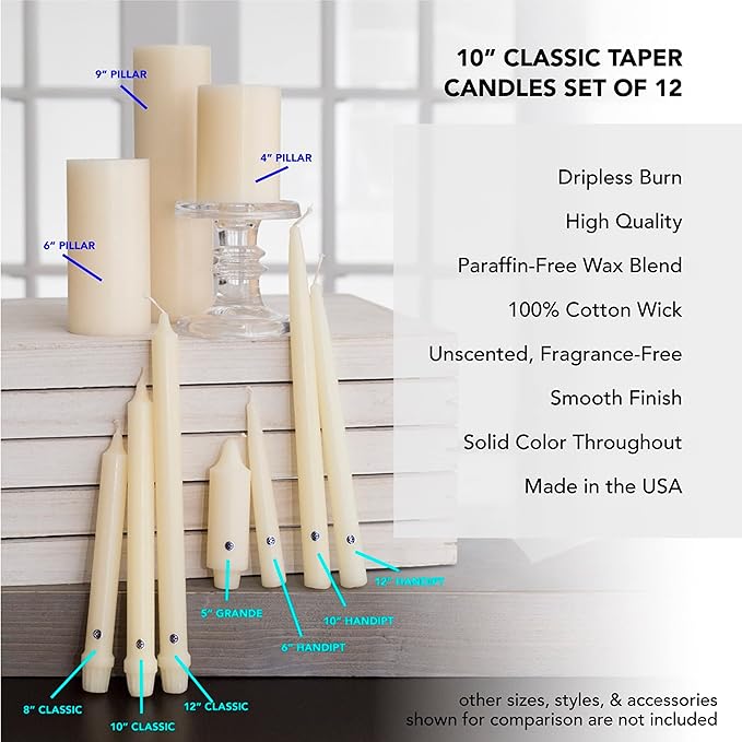 Colonial Candle Unscented Taper Candle, Classic Collection, Wedgewood, 10 in, Pack of 12 - Up to 8 Hours Burn