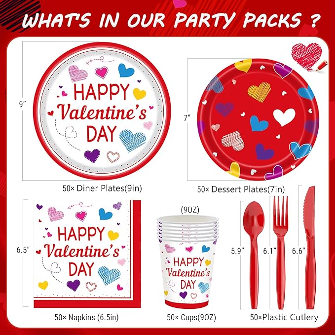 350PCS Valentine's Day Party Supplies for 50 Guests-Valentine's Day Party Decorations Include Disposable Paper Plates, Napkins, Cups, Tableware