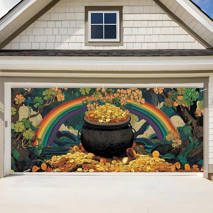 Pot of Gold St. Patrick’s Day Garage Door Banner 7x16FT, Lucky Clover & Rainbow Garage Door Cover, Outdoor Decoration for Yard & Garage on St. Patrick’s Day