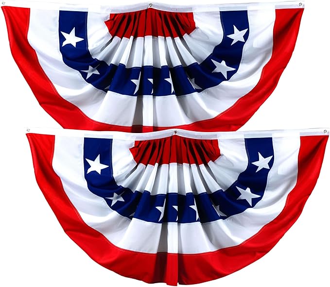 G128 2 Pack: USA Pleated Fan Flag, 2x4 Feet American USA Bunting Decoration Flags Printed Patriotic Stars & Stripes with Canvas Header and Brass Grommets