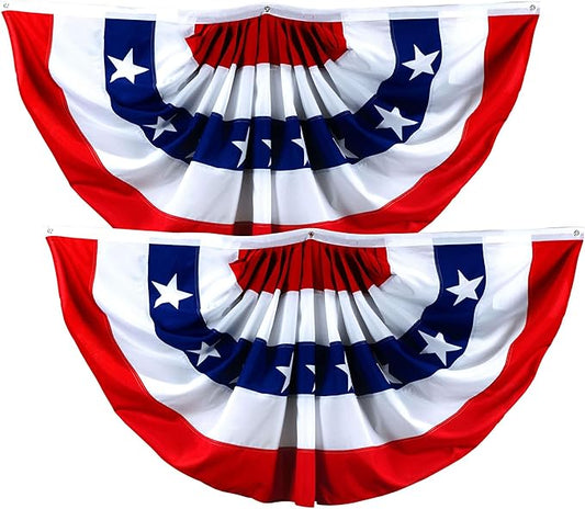 G128 2 Pack: USA Pleated Fan Flag, 2x4 Feet American USA Bunting Decoration Flags Printed Patriotic Stars & Stripes with Canvas Header and Brass Grommets