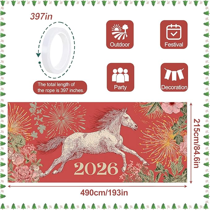 New Year Garage Door Banner 7x16FT, 2026 Fireworks and Running Horse Garage Door Cover, Large Outdoor Decoration for Garage Doors, Driveways, New Year Parties and Countdown Celebrations