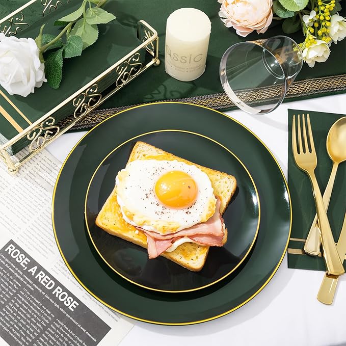 NOCCUR 350PCS Green Plastic Plates - Disposable Green Gold Dinnerware Set for 50 Guests, 100 Dinner/Dessert Plates, 150 Gold Silverware, 50 Cups&50 Napkins for Party/Wedding