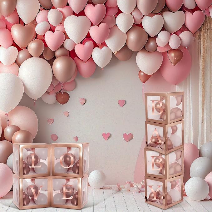 Thyle 12 Pcs Transparent Balloon Boxes Clear Balloon Boxes with 99 Letters for Baby Shower Gender Reveal Grad Birthday Party Bridal Wedding Anniversary Backdrop Decoration (Rose Gold)