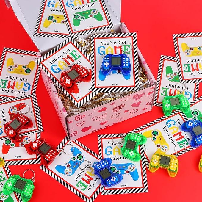 LiYiQ 24 PCS Valentines Day Gifts Cards with Video Game Keychain for Classroom, Video Games Keychains with Gift Cards, Valentine Stuffers Classroom Exchange Party Favors Gift