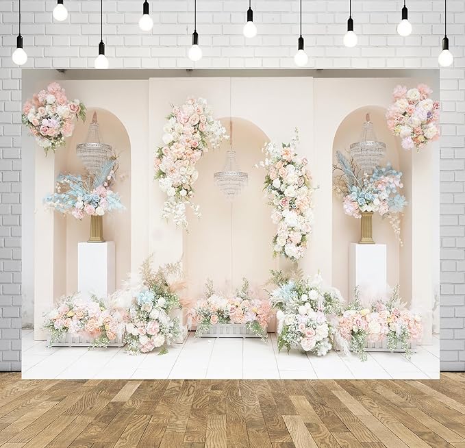 BELECO 15x8ft Fabric Wedding Backdrop Romantic Pink White Flowers Decorations with Arch Door Wedding Stage Background Bridal Shower Wedding Party Decorations Banner Photoshoot Props