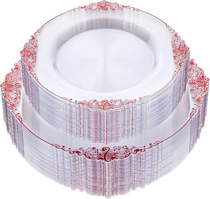 Nervure 100PCS Clear and Red Plastic Plates - Clear Red Disposable Plates Set, 50PCS 10.25" Dinner Plate & 50PCS 7.5" Dessert Plate Perfect for Wedding & Party