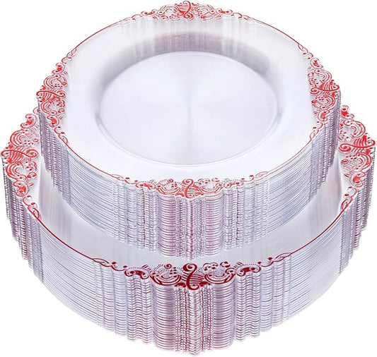 Nervure 100PCS Clear and Red Plastic Plates - Clear Red Disposable Plates Set, 50PCS 10.25" Dinner Plate & 50PCS 7.5" Dessert Plate Perfect for Wedding & Party