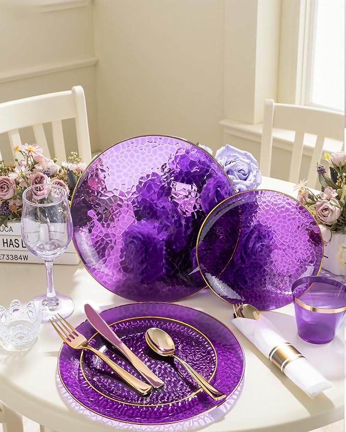 Hioasis 175pcs Purple Gold Plastic Plates - Purple Gold Dinnerware Set Includes 25 Dinner Plate, 25 Dessert Plate, 25 Cups, 25 Napkins Perfect for Wedding & Party