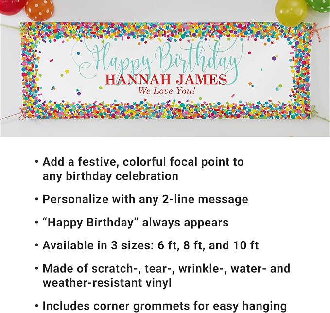 Let's Make Memories Personalized Happy Birthday Banner - Choose Any Year - 40th 50th 60th 75th Birthday Party Decorations - Custom Indoor/Outdoor Vinyl Banner - Any Text - Colorful Confetti - 8ft