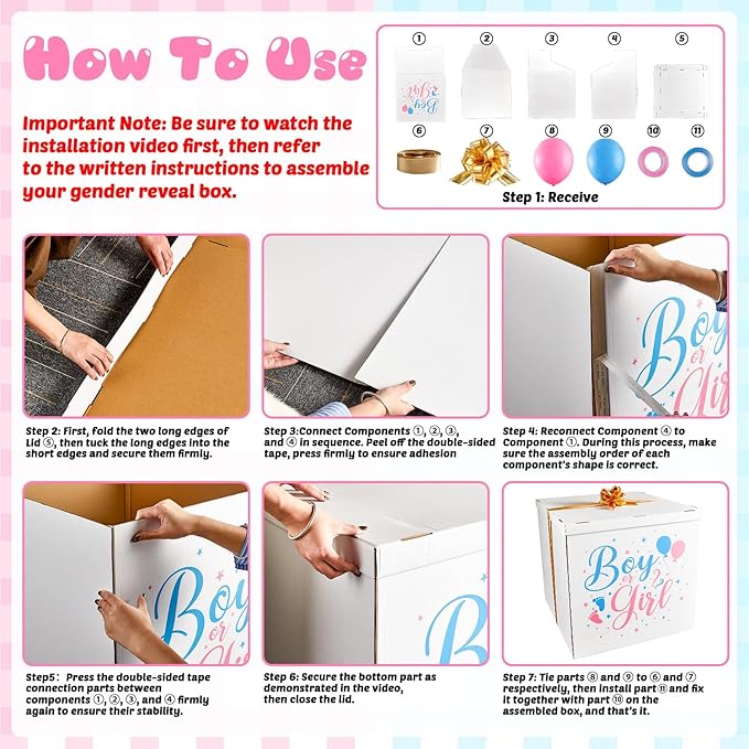 28 Inches Extra Large Gender Reveal Gift Box Kit with Oversized One Sided Printing Box Giant Pull Bows Balloon Ribbon for Gender Reveal Baby Shower Birthday Party Decor Supplies Not for Heavy-Duty