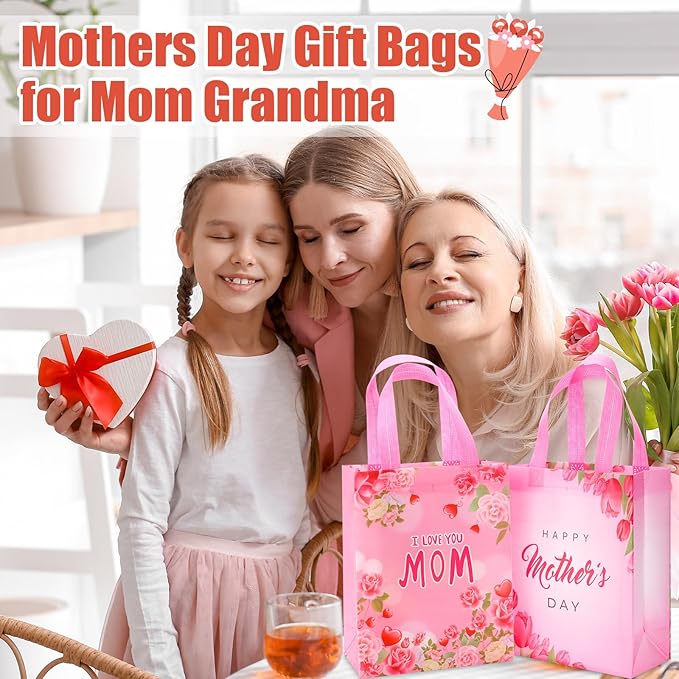 48 Pcs Mother's Day Gift Bags Bulk with Handle Reusable Floral Non Woven Love Mom Treat Goodie Bags Gift Wrap for Mom Grandma Happy Mother's Day Party Favor Supplies
