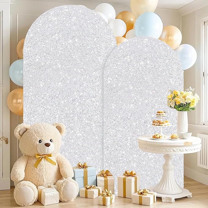 FUHSY Silver Arch Cover 7.2 and 6FT Sequin Arch Backdrop Cover Set of 2 Spandex Wedding Arched Covers Stretchy Backdrop Sparkle Chiara Backdrops Covers for Birthday Party Bridal Shower Ceremony Decor