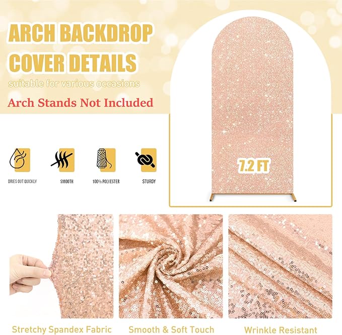 FUHSY Wedding Arch Cover Glitter Sequin Cover for Arch 7.2 FT Arch Backdrop Cover Fitted Arches Covers Fabric Spandex Chiara Backdrop Stand Covers for Birthday Theme Party Decor Rose Gold