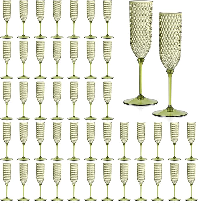 48 Pack Green Detachable 2 piece Champagne Flutes 5.5 Oz Unbreakable Plastic Mimosa Disposable Champagne Glasses Drinking Cups Stemmed Reusable Wine Toasting Glasses for Wedding (48, Olive Green)