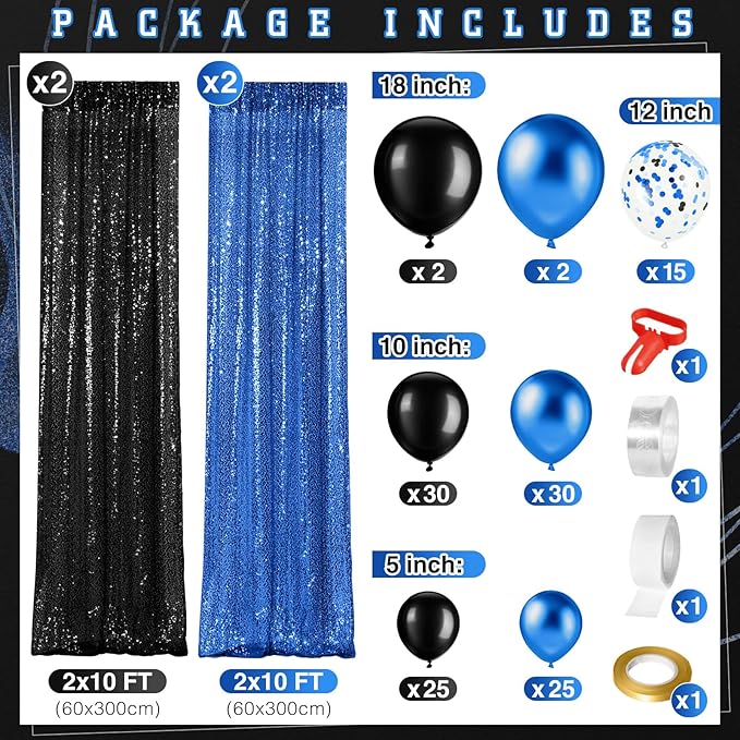 137 Pcs Blue Black Party Backdrop Kits - 4 Sequin Curtains Backdrop 133 Balloon Arch Kit, Glitter Photo Background for Birthday Christmas New Year Eve Wedding Anniversary Baby Shower