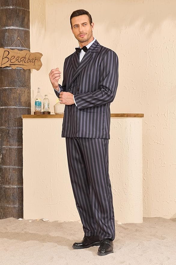 Men's 1920s Gangster Costume Wig Pinstripe Suit Blazer Jacket Shirt Pants Set with Necktie Halloween Cosplay Outfits