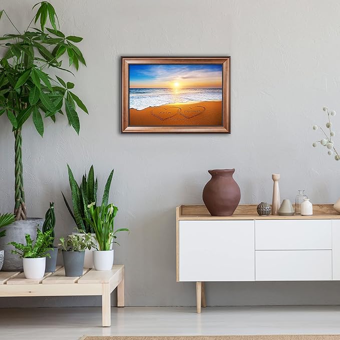 Heart and Heart at Beautiful Sunrise Unique Personalized Framed Art with Couple's Names and Special Date on Beach,Perfect Present Love Gift for Anniversary,Wedding,Birthday and Holidays