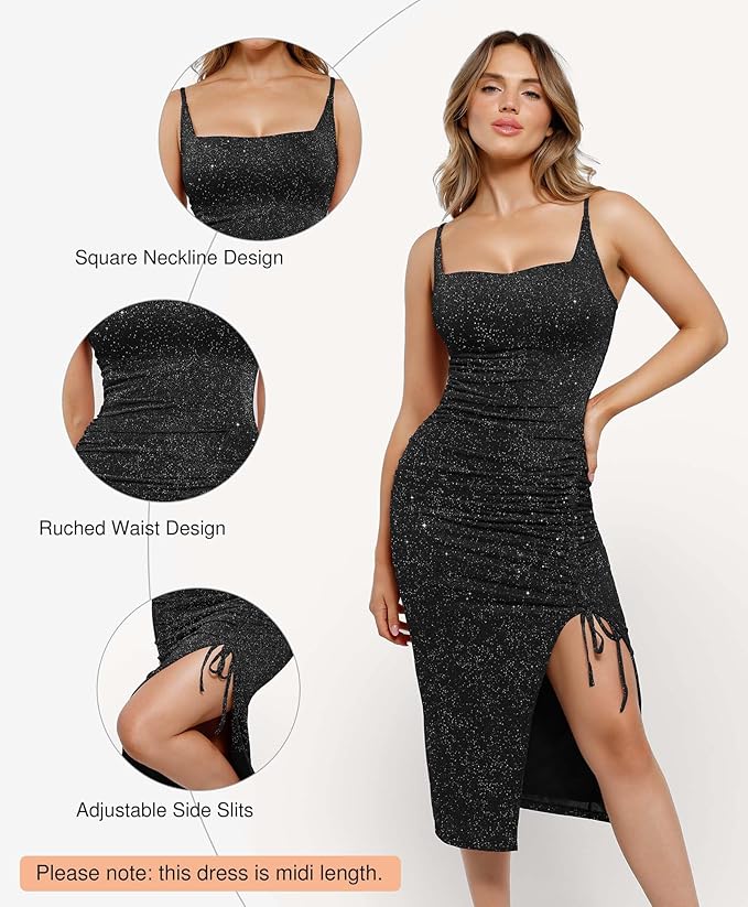 Popilush Shapewear Midi Dress Women's Sparkly Formal Wedding Guest Cocktail Dresses Fall Square Neck Ruched Dress Side Slit