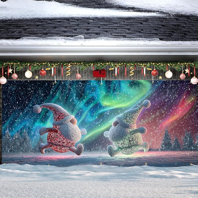 Christmas Garage Door Banner 7x16FT Dancing Gnomes Under Aurora, Holiday Garage Door Cover for Outdoor Decorations & Yard Displays