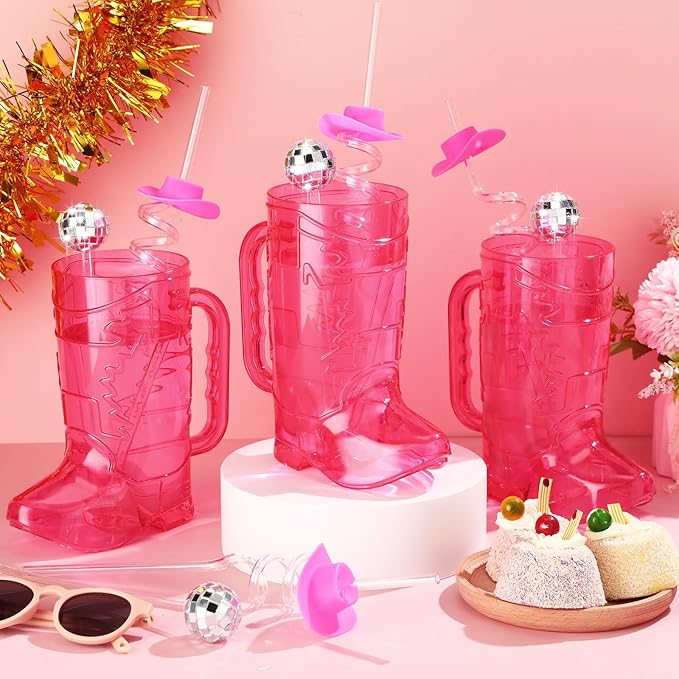 36 Pcs Cowboy Boot Glasses Bulk, 12 Cowboy Drink Mugs 12 Cowgirl Hat Straws 12 Mirror Disco Ball Stirrers for Western Theme Party Bachelorette Birthday Decorations(Rose Red)