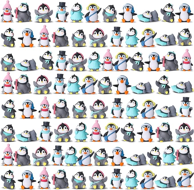 Macarrie 100 Pcs Mini Penguin Figurines Cake Topper Valentine's Day Galentines Party Favors Bulk Gifts Cute Miniature Figures Character Collection Playset Winter Birthday Early Educational Donation